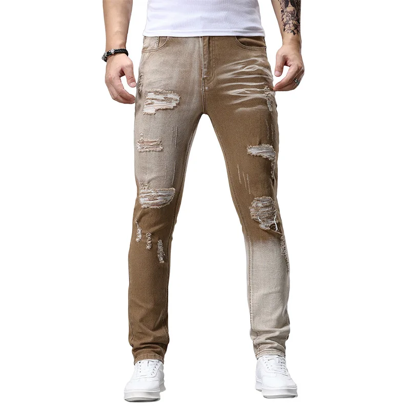 Distressed Men's Pants Retro Nostalgic Color Block Design Jeans Trendy Street Style Colorful Stylish Skinny Pants