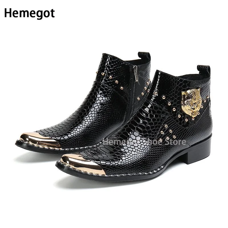 

Metallic Square Toe Men's Boots Black Leather Booties Retro Style High-Top Ankle Booties Side Zipper Red Stylish Boots Men Shoes