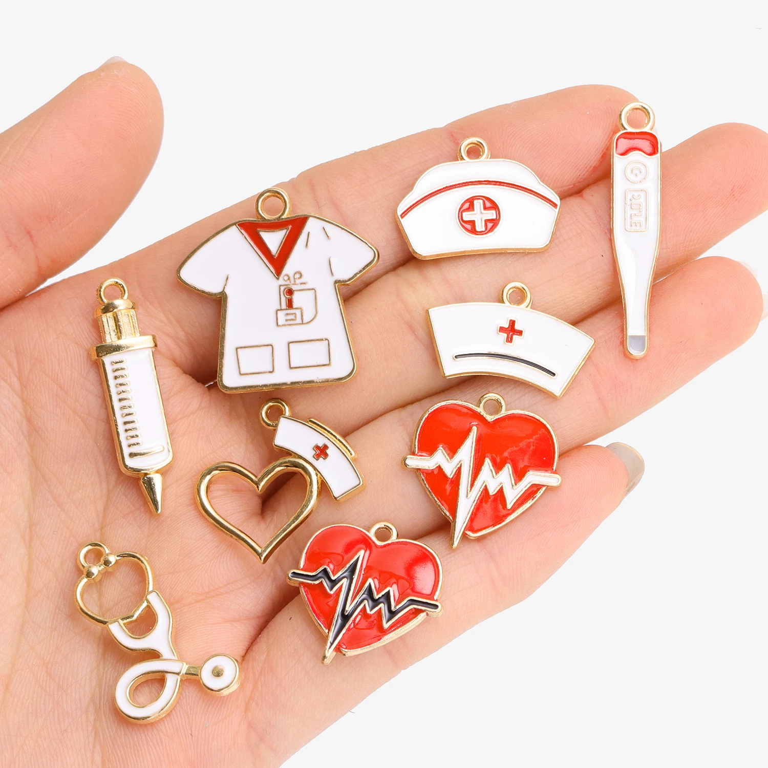 10Pcs Mixed Enamel Medical Tool Care Series Love Nurse Hat Alloy Charms Pendants For DIY Jewelry Making Handcrafted Accessories