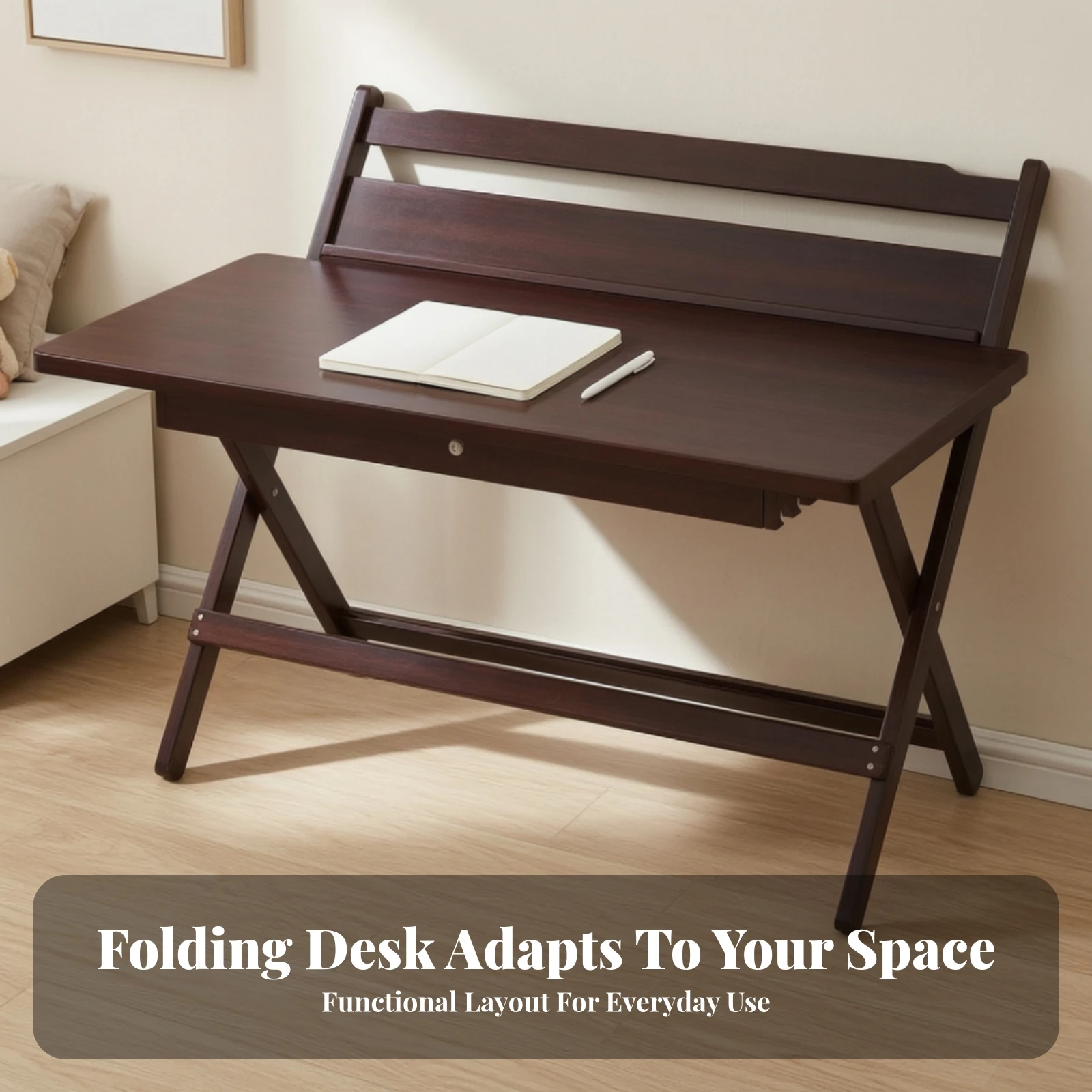 Folding Desk with Drawer Space-Saving Adjustable Height Desk with Book Ledge Study Table Multifunctional Furniture Long-Lasting