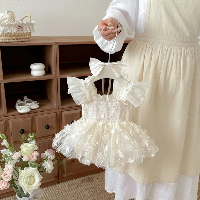 2026 Summer 3M-2Y Toddler Girl Lace Flower Bodysuit Princess Style Sweet Romper Infant Jumpsuit Birthday Party Baby Clothes