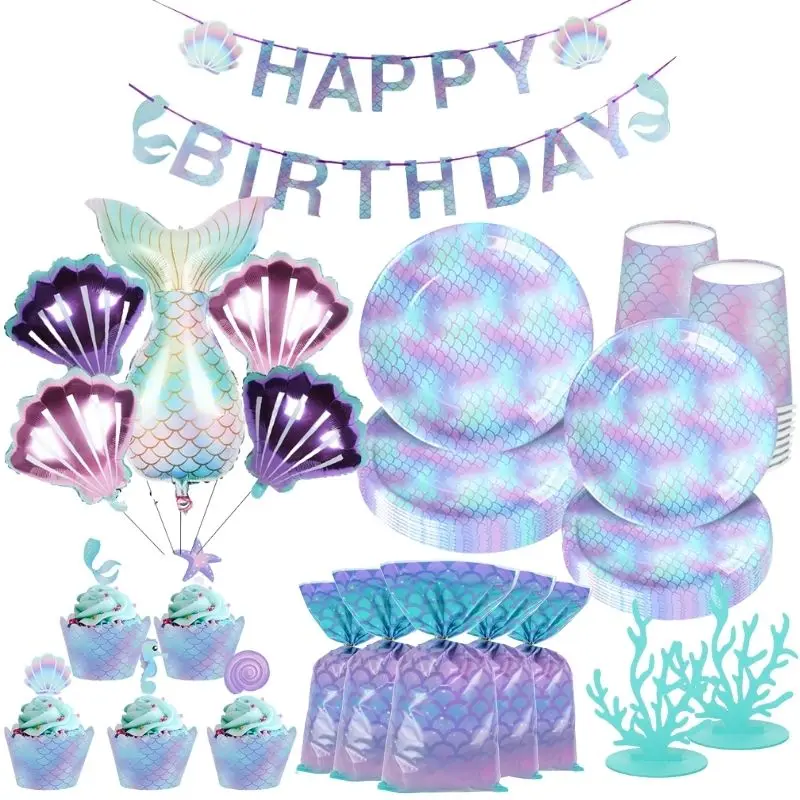 Decoración de fiesta temática de La Sirenita, pancarta de feliz cumpleaños, globo de cola de sirena, suministros de fiesta de cumpleaños para niños y niñas