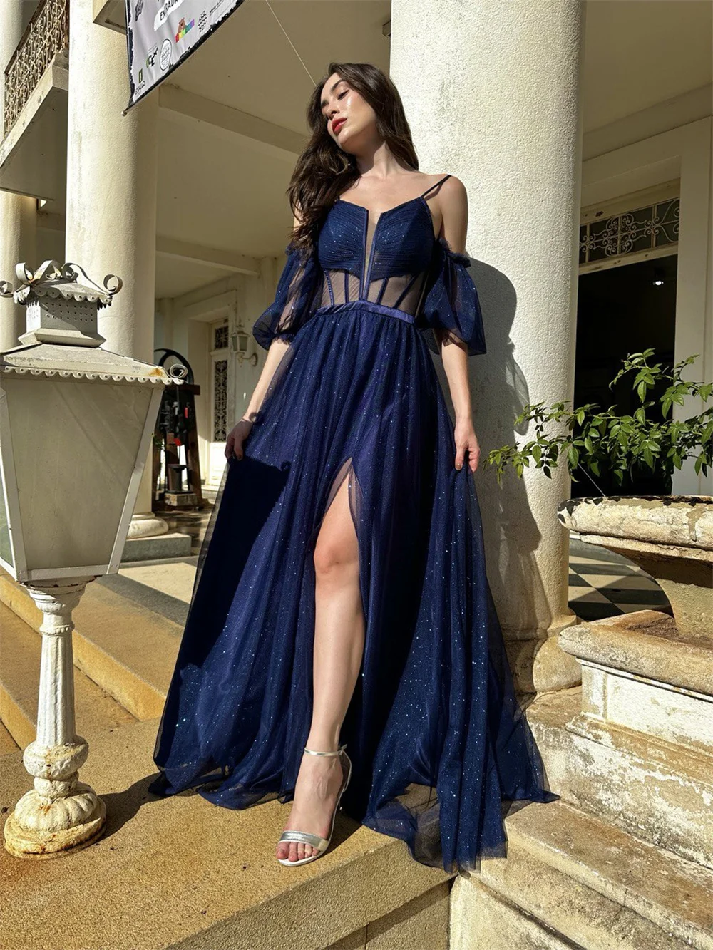 Jessica Navy Blue Prom Dresses Puff Sleeve Glitter Tulle Evening Dresses A-line Side Slits Wedding Party Dress Vestidos De Noche