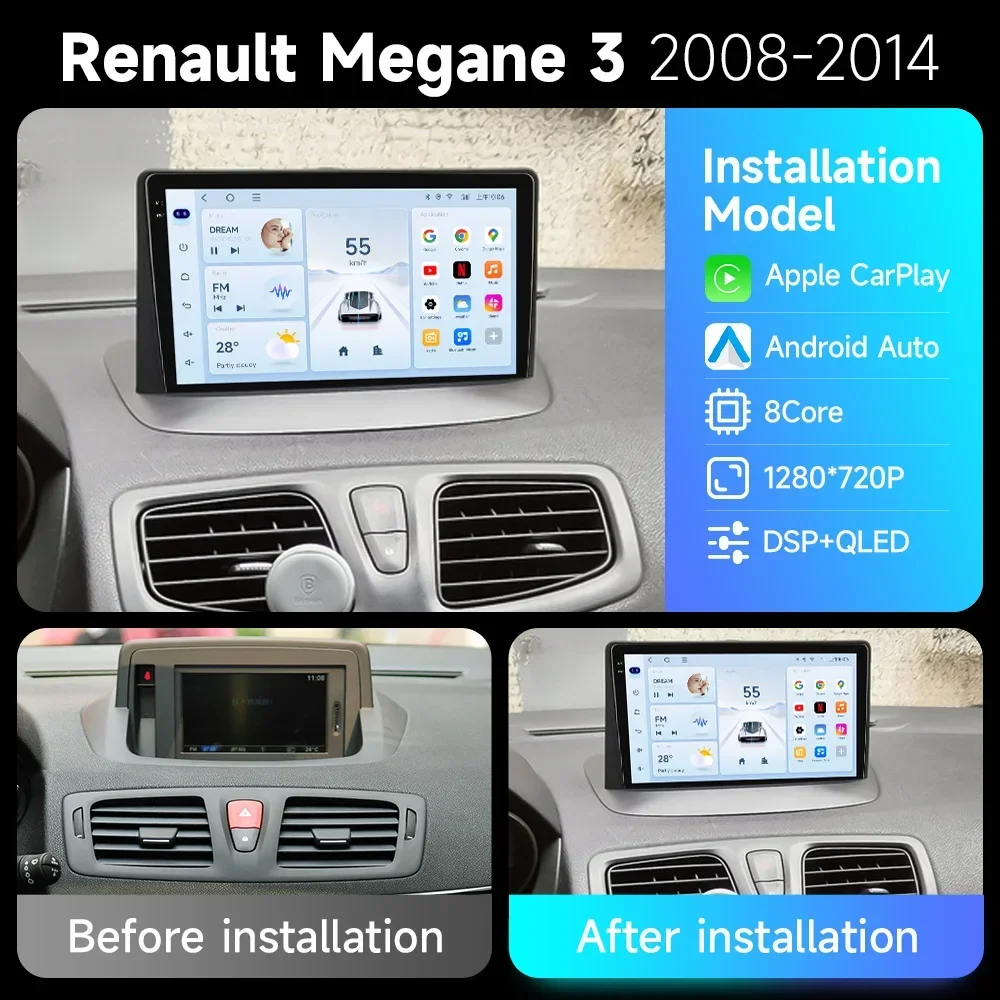 JIUYIN Carplay Radio For Renault Megane 3 Fluence Samsung SM3 2008 - 2014 Wireless Car Android Auto Car Multimedia Stereo 2 Din