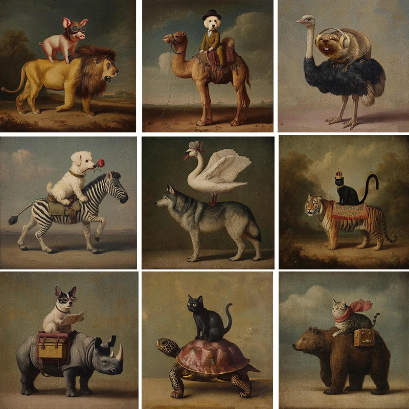 1PC--Vintage Animal Portrait Gothic Style Ostrich Chicken Elephant Funny Fantasy Poster Canvas Paintings Wall Art Pictures Ho