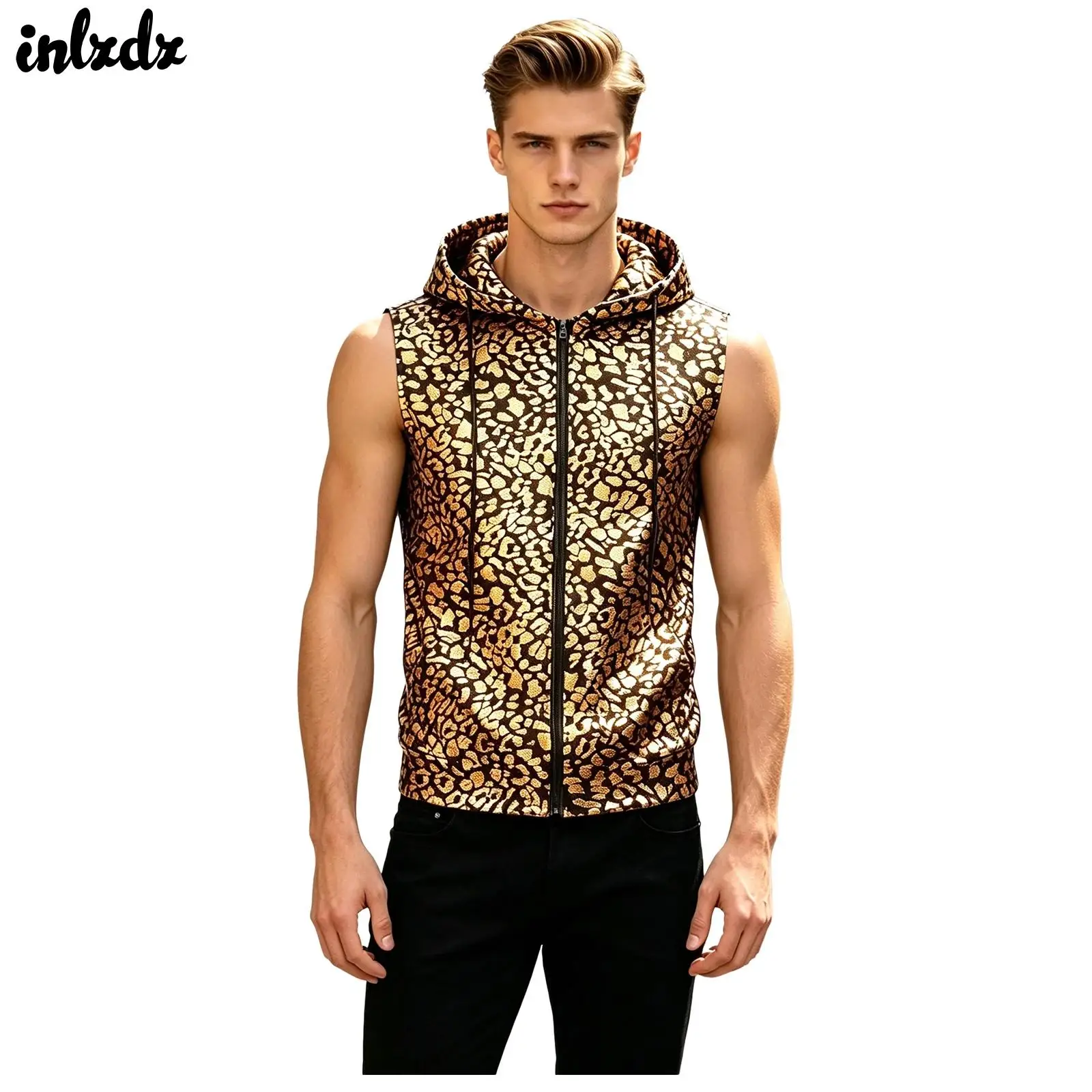 Men Women Metallic Leopard Tank Top Hoodie Sleeveless Zipper Hooded Vest Disco Party Club Rave Concert Music Festival costume