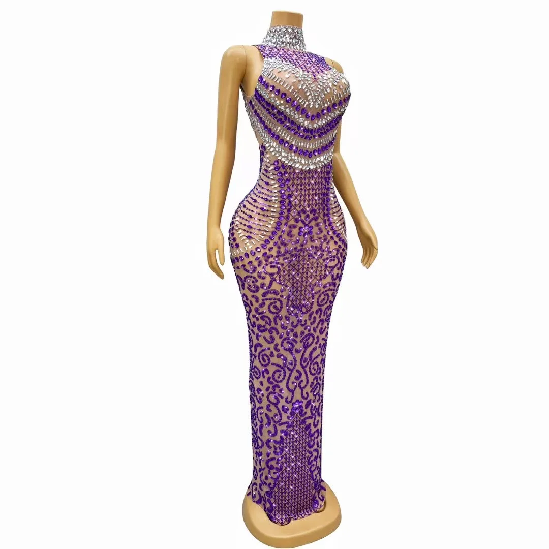 Women Luxury Purple Rhinestone Sexy Mesh Sleeveless Dress Sparkling Stage Performance Costume Club Evening Party Prom Dresses