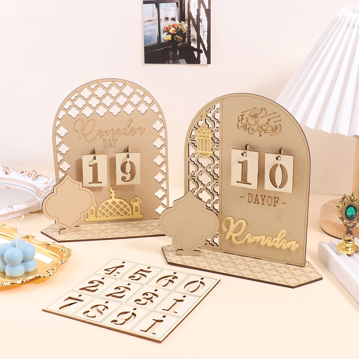 Ramadan Wooden Countdown Calendar, Islamic Eid Flip Desk Calendar for Home Decor, Festival Table & Office Decoration