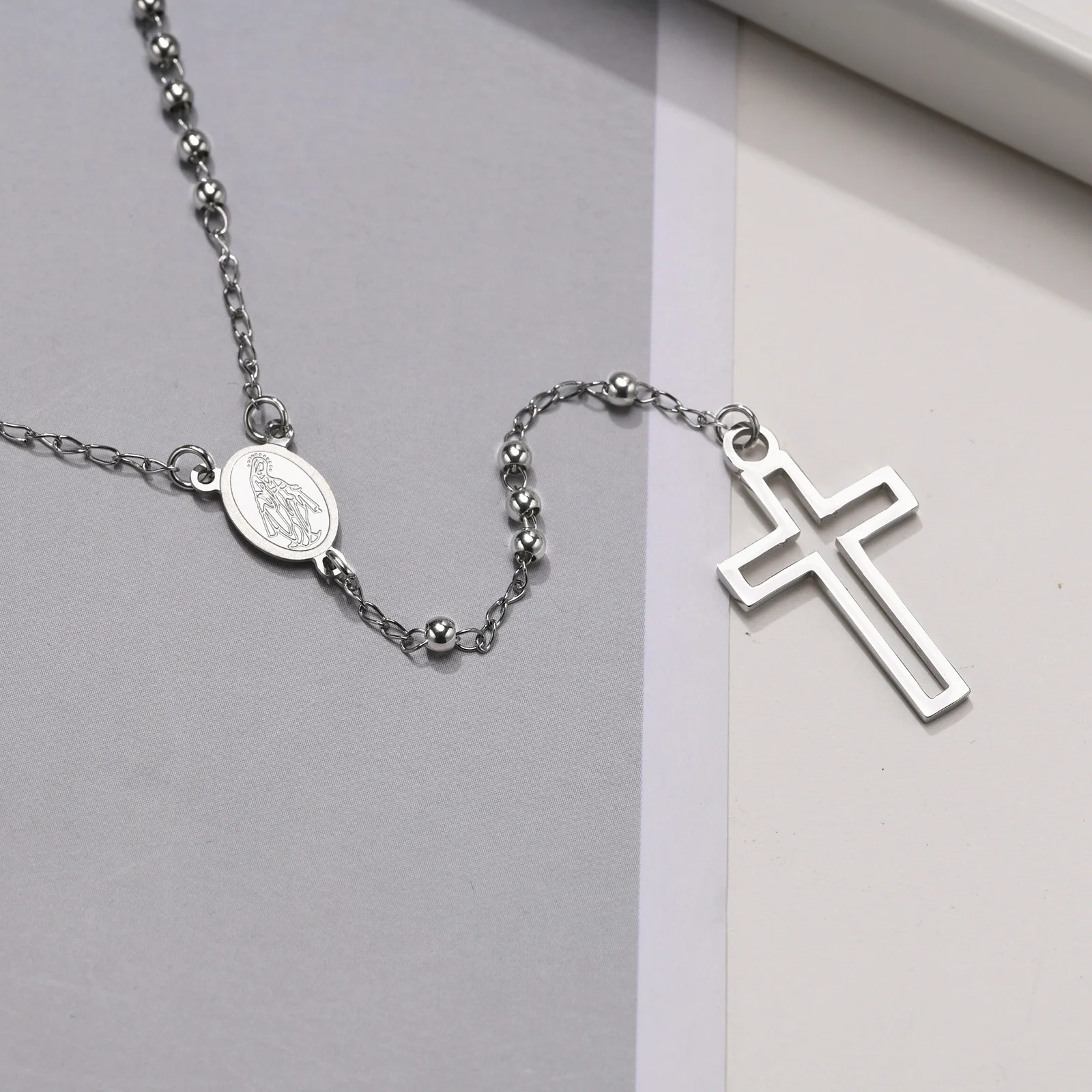 Mprainbow Hollow Cross Rosary Necklaces for Men Women,Virgin Mary Religious Necklace,Stainless Steel Christ Jesus Prayer Jewelry