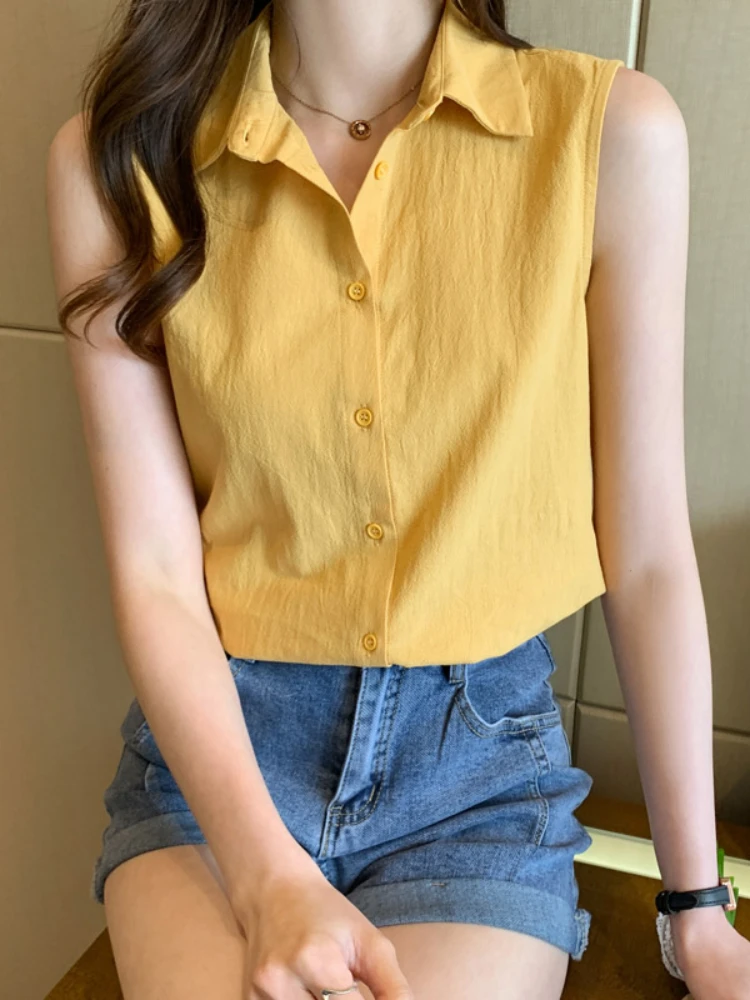 Summer Women Shirt Sleeveless Womens Tops and Blouses Elegant Yellow Blouses for Women Basic Womens Blouses OL Clothes for Women