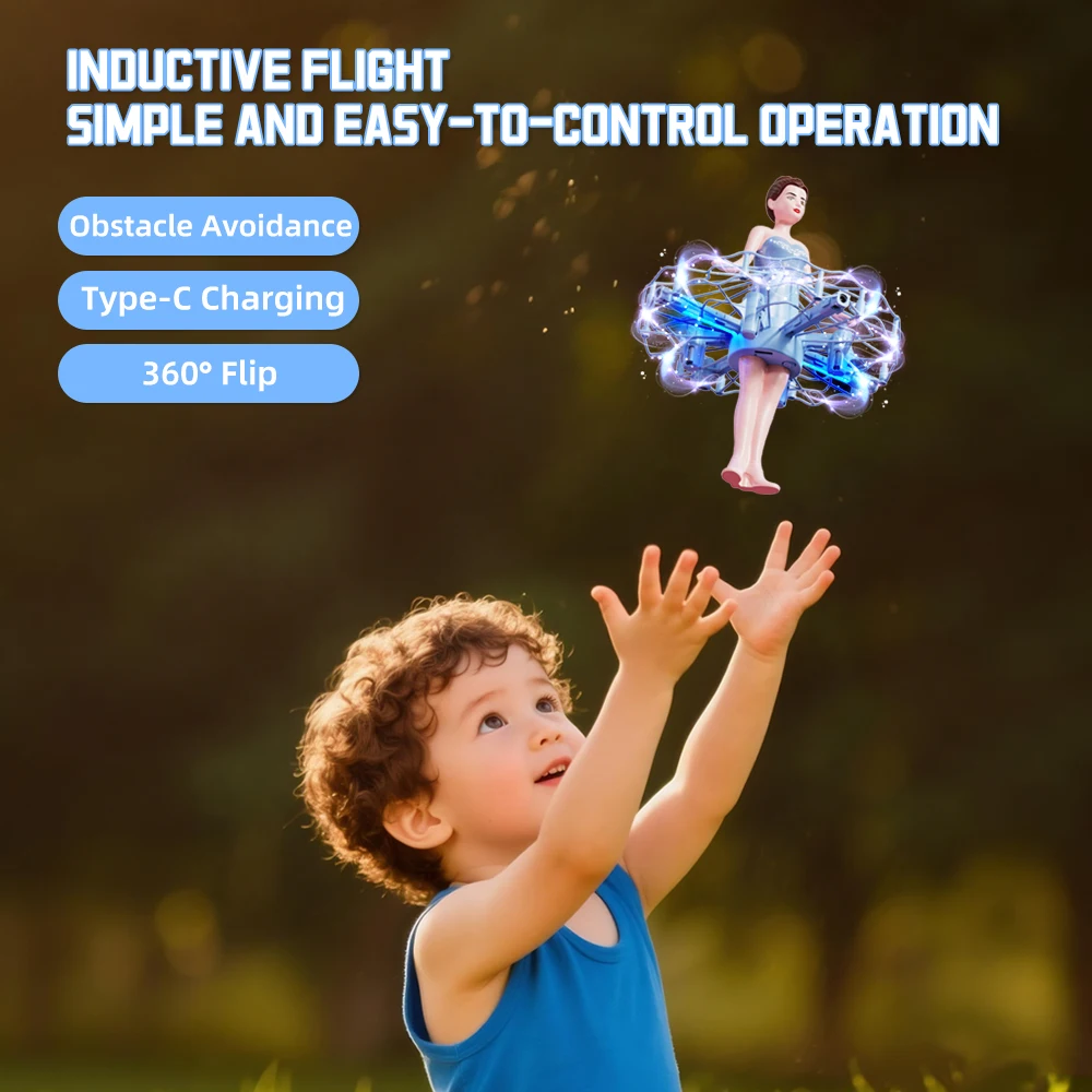 

Индукционный летательный аппарат - управление жестами, автоматическое избегание препятствий, зависание и вращение на 360° ° Дрон-игрушка с функциями переворота, светом и музыкой, 2,4 ГГц, перезаряжаемый