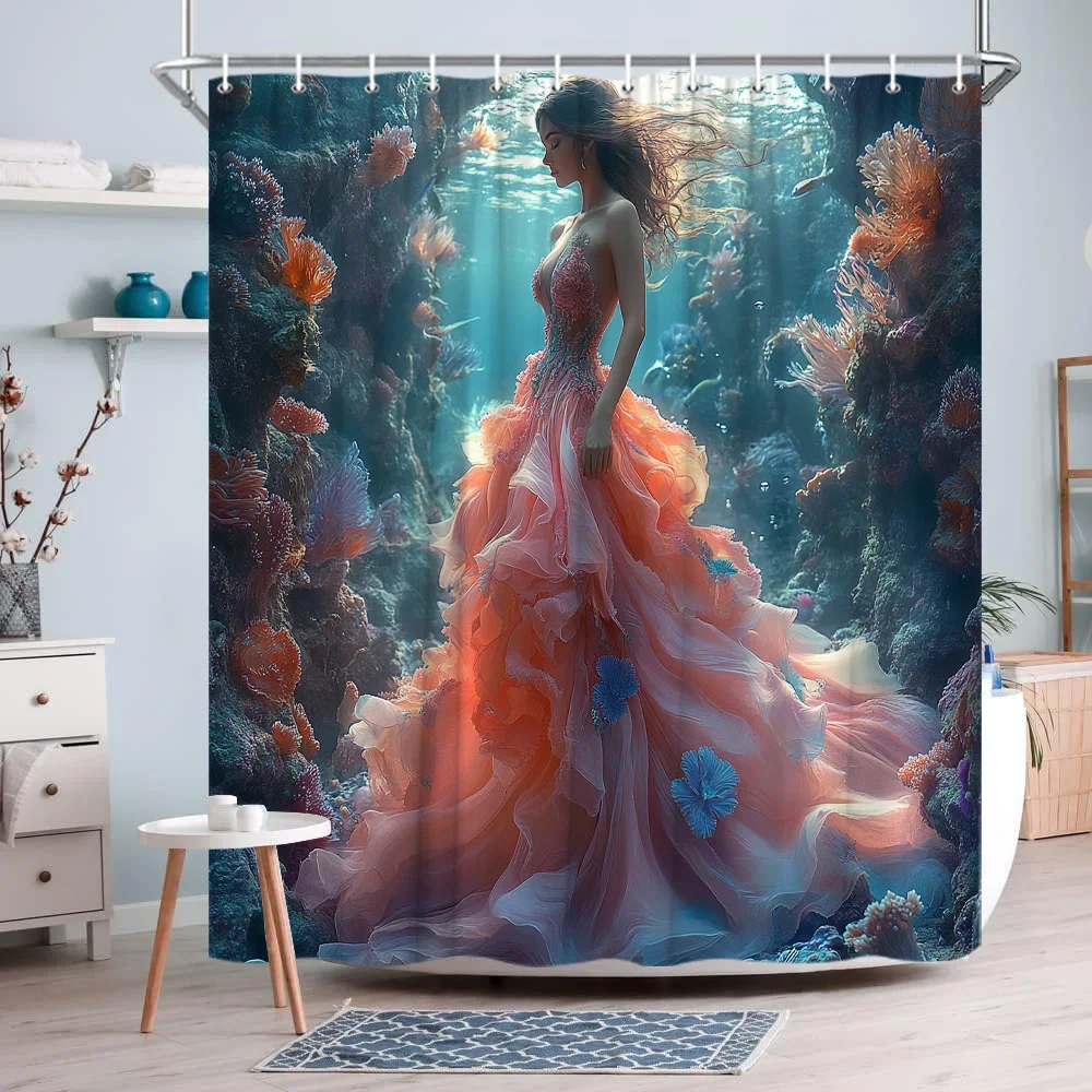 

1 шт. Элегантная женская занавеска для душа Amidst Coral Reef - очаровательная подводная сцена с каштановыми волосами и волшебным светом