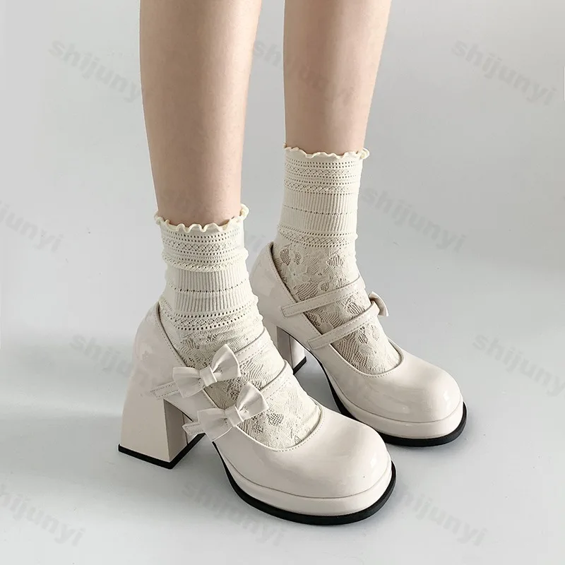 

French Style Versatile Thick Soled Single Shoes for Women 2025 New Summer Retro Bows Design High Heeled Mary Jane Elegant Pumps