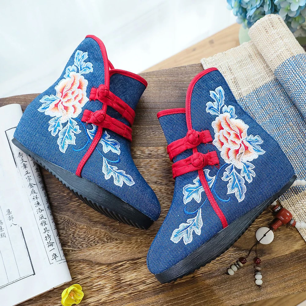 Veowalk Winter Women Denim Cotton Embroidered Short Ankle Boots Fleece Inside Hidden Wedge Heel Canvas Booties Ladies Warm Shoes