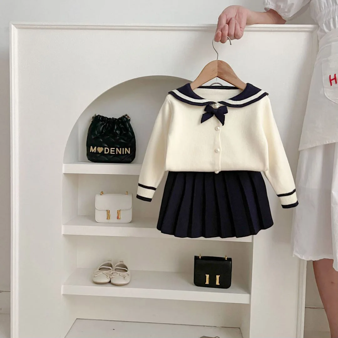 Autumn/Winter New Girls'  Clothe Sets Solid Color Bow Knitted Sweater Long Sleeve Top + Skirt Campus British Style Kids Outfits