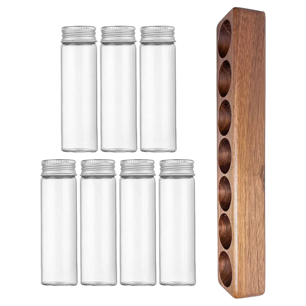 

1 Set Glass Bean Storage Rack 7-Hole Wood Display Stand Sealed Jars Freshness Keeper Multi-Functional Kitchen Organizer For
