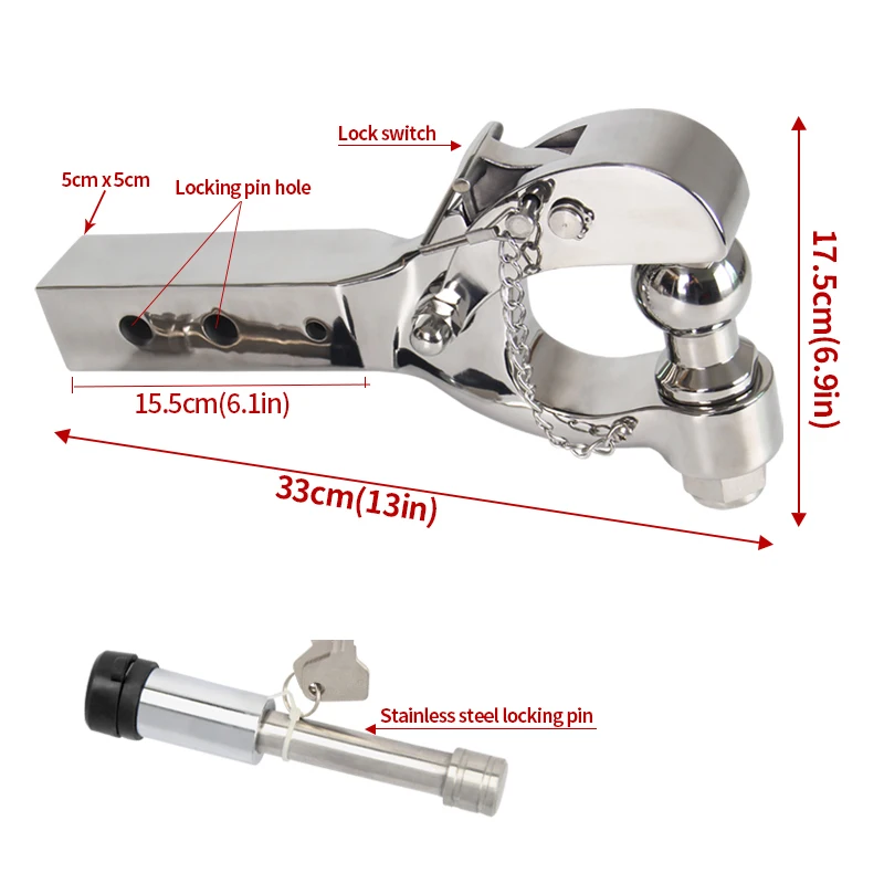 Stainless steel cast battle axe trailer hook,5cm X 5cm Standard square mouth tube arm,Fixed installation of locking pin