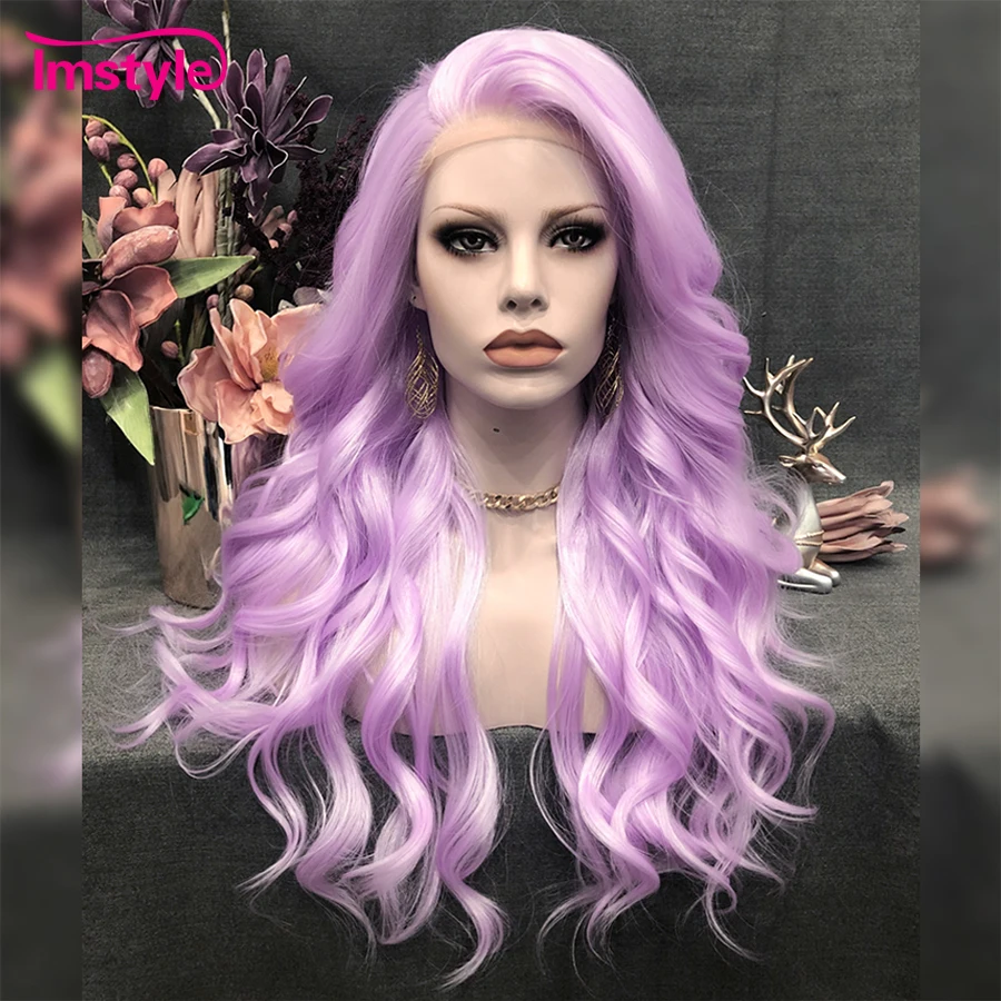 Imstyle Lavender Synthetic Lace Front Wig Light Purple Natural Wavy Long Hair Heat Resistant Fiber Cosplay Wig for Women