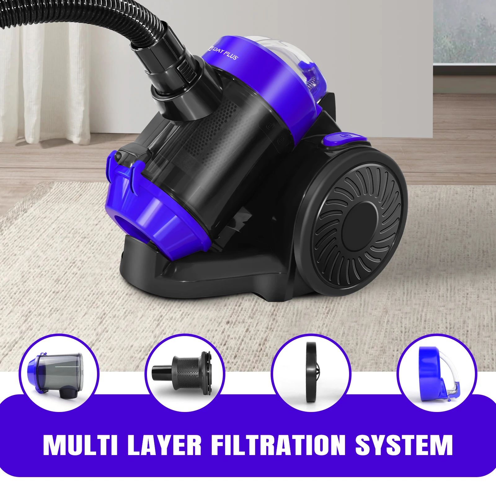 مكنسة كهربائية قوية 1.5 لتر بدون كيس للحيوانات الأليفة والسيارات فلتر HEPA ترجيع تلقائي 4 متر سلك منظف سجادة الأرضيات الصلبة للمنزل