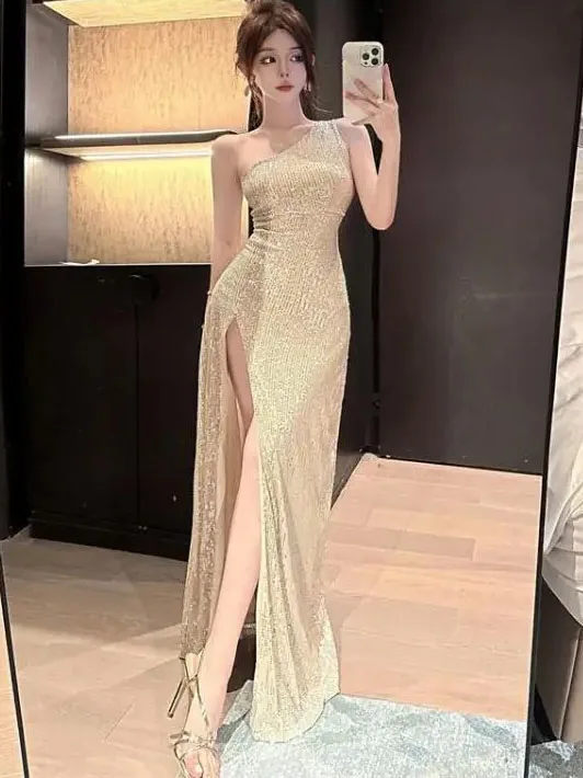 Summer Beige Sexy Club Off Shoulder Sequin High Split Long Dress Women 2024 Elegant Backless Birthday Party Evening Prom Dresses