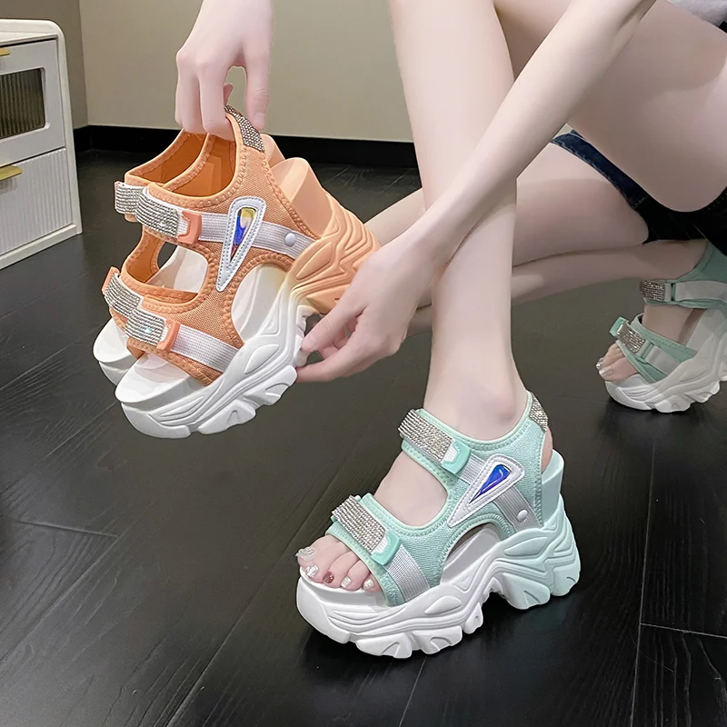 Women Bling Chunky Sandals Summer Designers Open Toe Hook Loop Shoes 10CM High Heels Mesh Sandals Casual Woman Wedges Sneakers