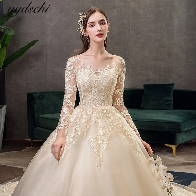 Customized Appliques Tulle Ball Gown Illusion Full Sleeves O-Neck Wedding Dresses For Woman 2025 Bridal Gowns vestidos de novia