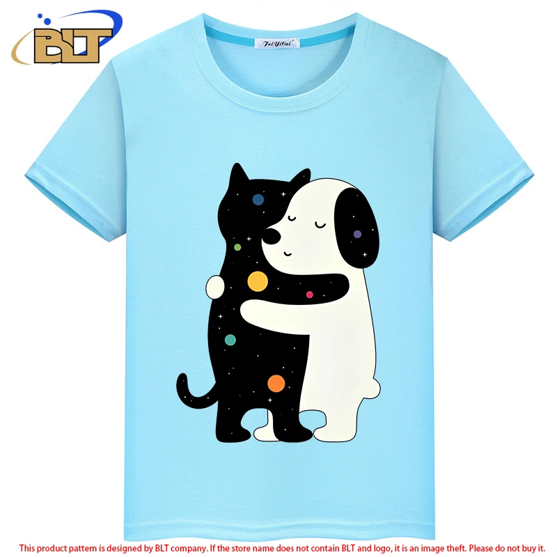 Camiseta infantil de manga curta de abraço de gato e cachorro, tops casuais para meninos e meninas, idioma universal, verão