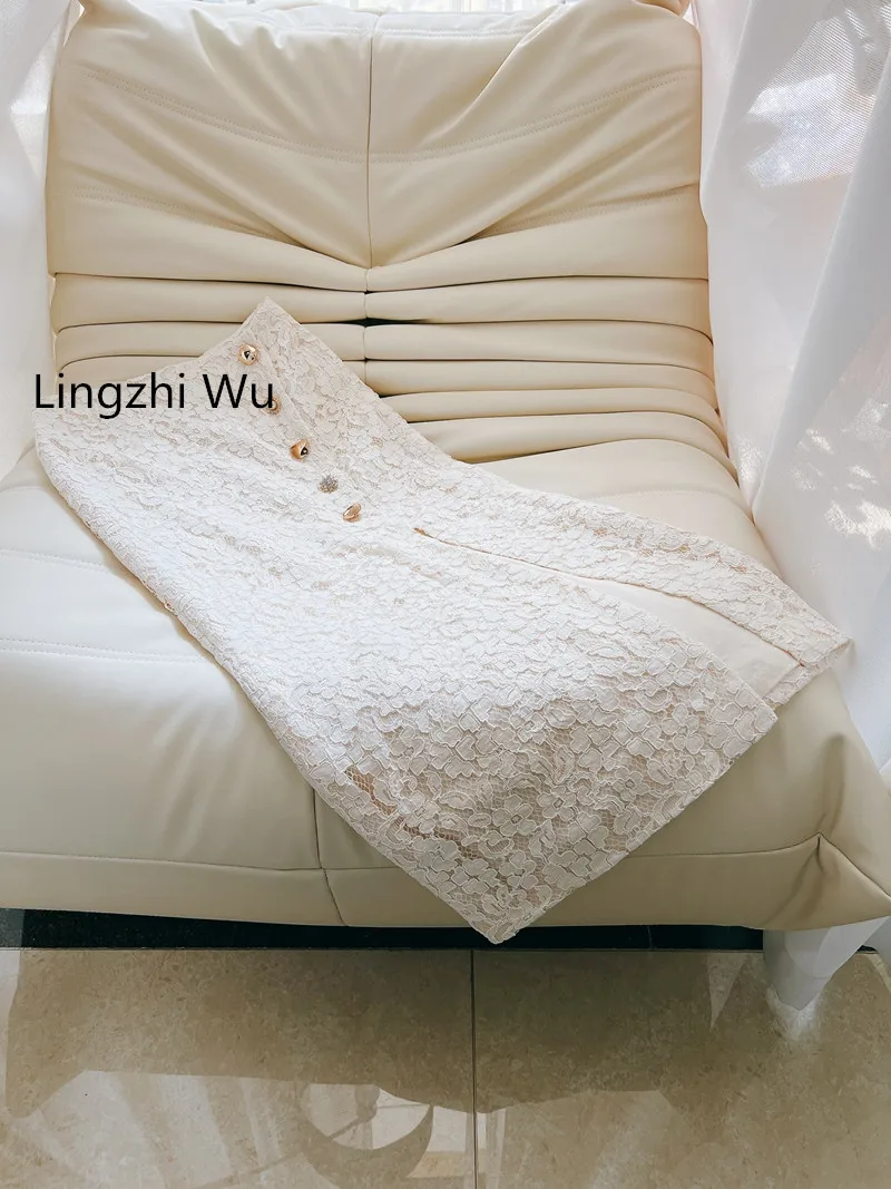 

Lingzhi Wu 2024 Spring Autumn Long Lace Skirt French Design Slit Design Elegant Ladies All Match White Skirts Female New Arrival