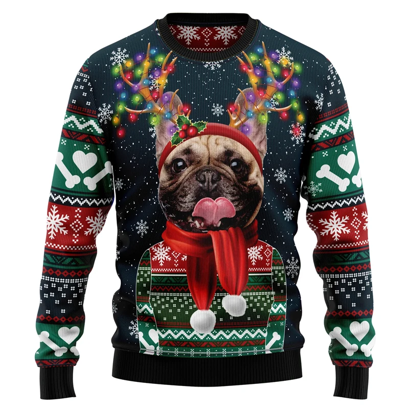 3D Print Merry Christmas Bulldog Pattern Vintage Retro Winter Ugly Sweater Men Women Harajuku Pullover Casual Funny Long Sleeves
