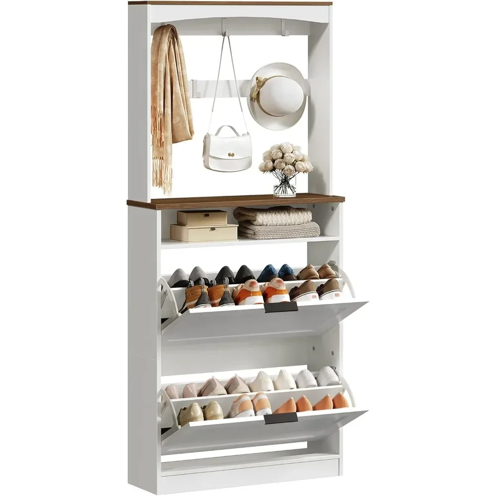 

tall shoe cabinet with flip drawers and coat rack, floor standing modern shoe storage organizer, 2-in-1 hall tree with movable h