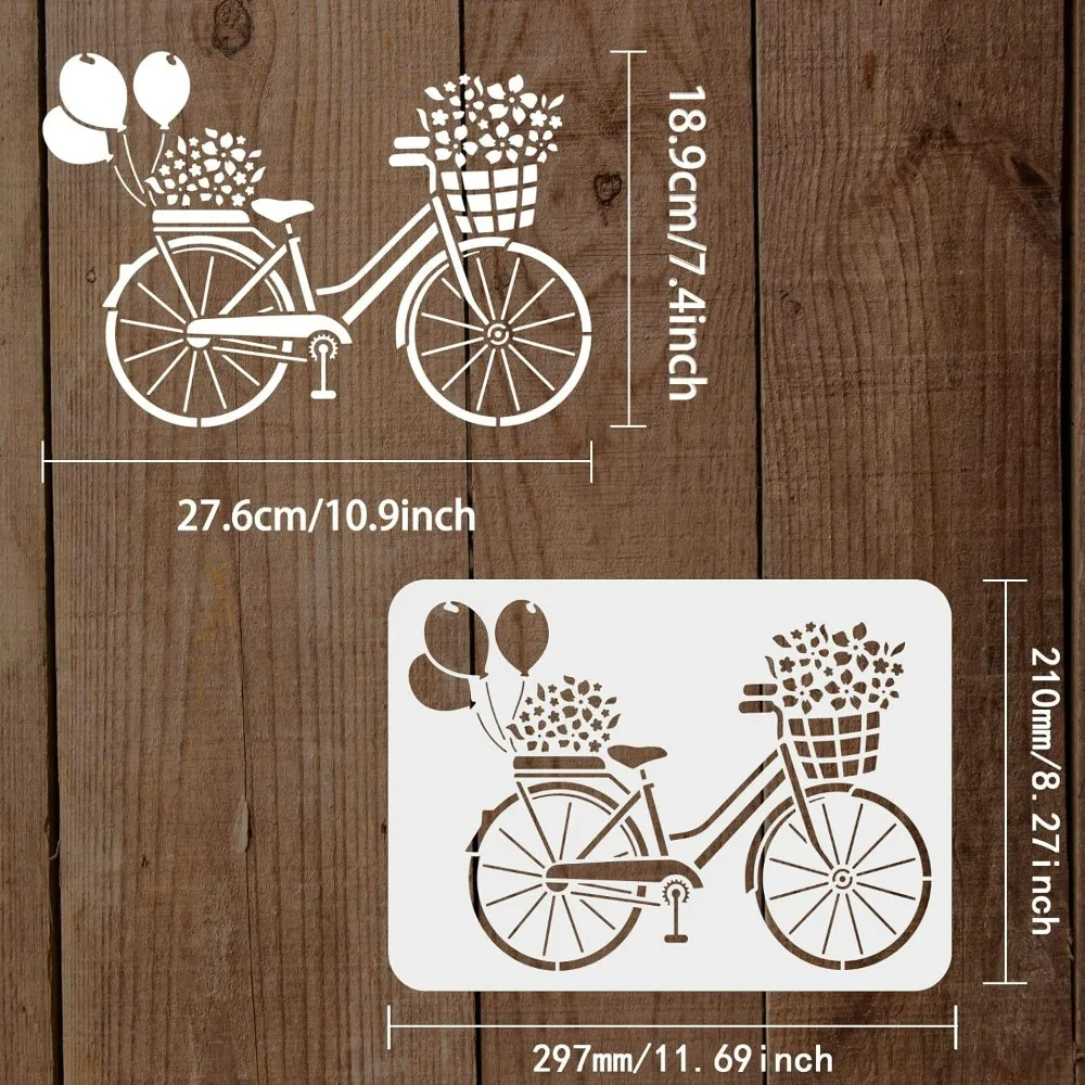 Bicycle Stencil Template 11.7x8.3 inch Flower Stencils Plastic Bike Balloon Flowers Pattern Painting Stencil Reusable DIY