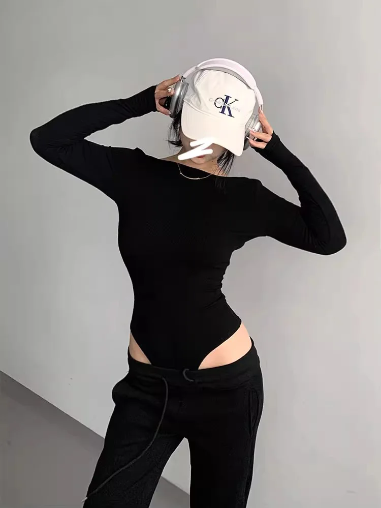 Spicy girl sexy backless tight fitting jumpsuit women's elastic slim fit solid color long sleeved T-shirt V902