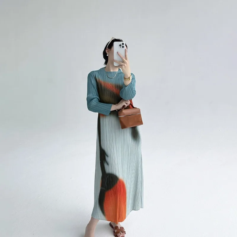 Miyake novo estilo francês vestidos femininos de manga comprida elegante temperamento impresso plissado emagrecimento cabido longo vestido de camadas