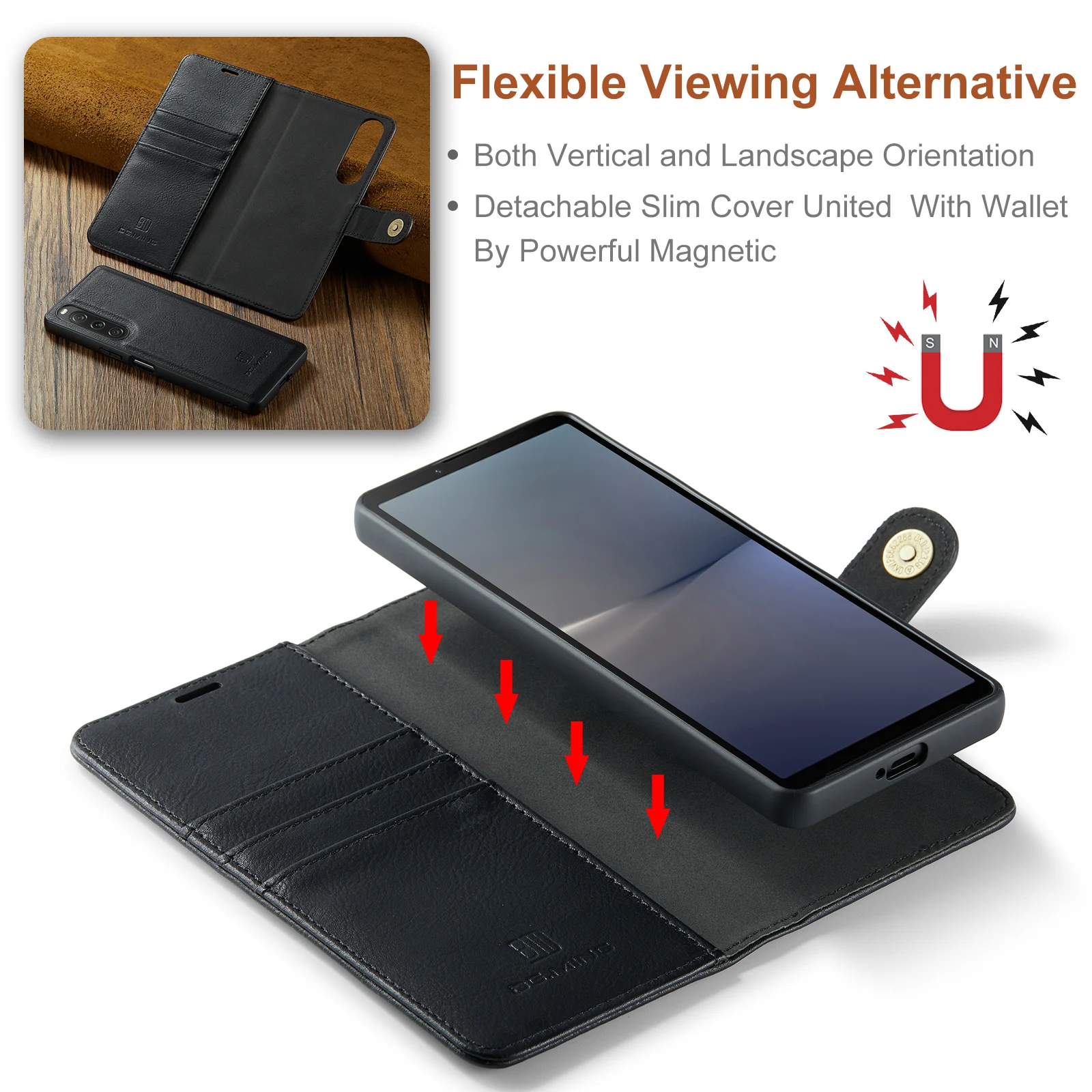 Flip Wallet Magnetic Phone Case For Sony Xperia 1 V 10 V Clip Stand Card Slot 2-in-1 Shockproof Protective Leather Cover