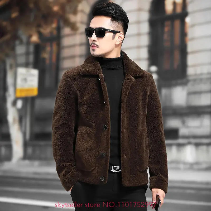 

Men 2022 Winter Fashion Korean Genuine Lamb Fur Jackets Men's Short Pockets Lapel Overcoats Male Sheep Shearling Fur Coats N06