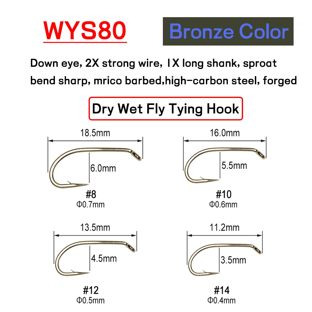 Bimoo 500PCS 8#~22# Barbed & Barbless Fly Tying Hook High Carbon Steel Dry Wet Nymph Pupae Caddis Scud Midge Flies Fishing Hook