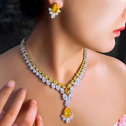 CWWZircons 2 Layer Water Drop Cubic Zirconia Big Chunky Necklace Party Brides Jewelry Sets for Women Luxury Wedding Decor T769