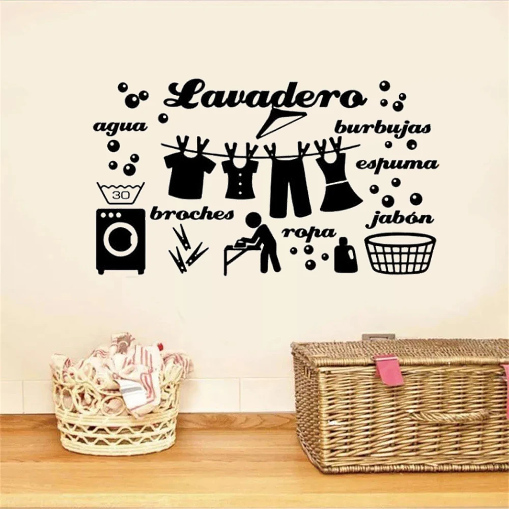 Laundry Room Spanish Words Wall Stickers Vinyl Decals Washhouse Wash Dry Lavadero Water Cloth Bubble Home Decor Murals DW14488