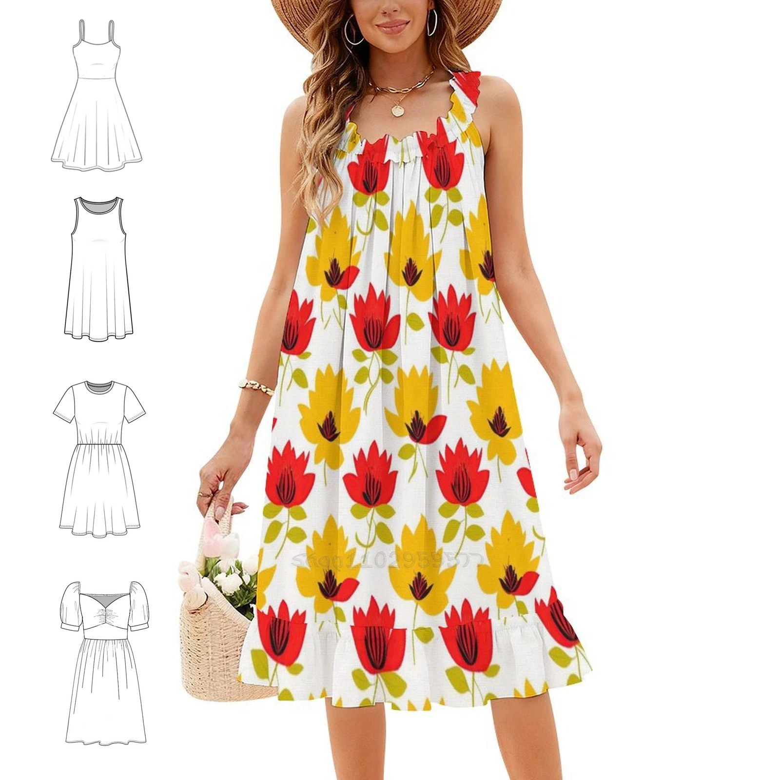 Lotus Flowers Pattern Boho Chic Dress Elegant Fashion Beach Wedding Party Gown Flower Pattern Floral Red Orange Lotus Dress For