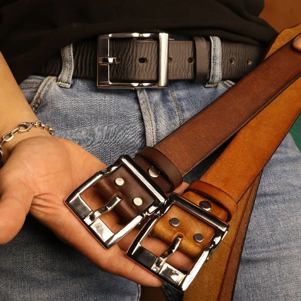Retro Style Handmade Leather Craft Genuine Cowhide Belt with Stainless Steel FC Buckle for Men 3.8cm Width