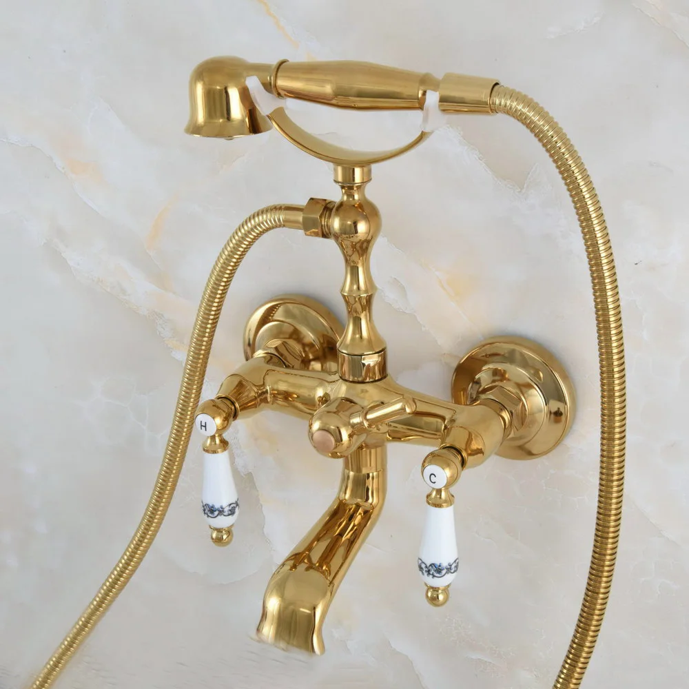 

Contemporary Golden Brass Wall Mounted Bathroom Bathtub Faucet Set with 150CM Hose Handheld Shower Spray Head Mixer Tap Dna863