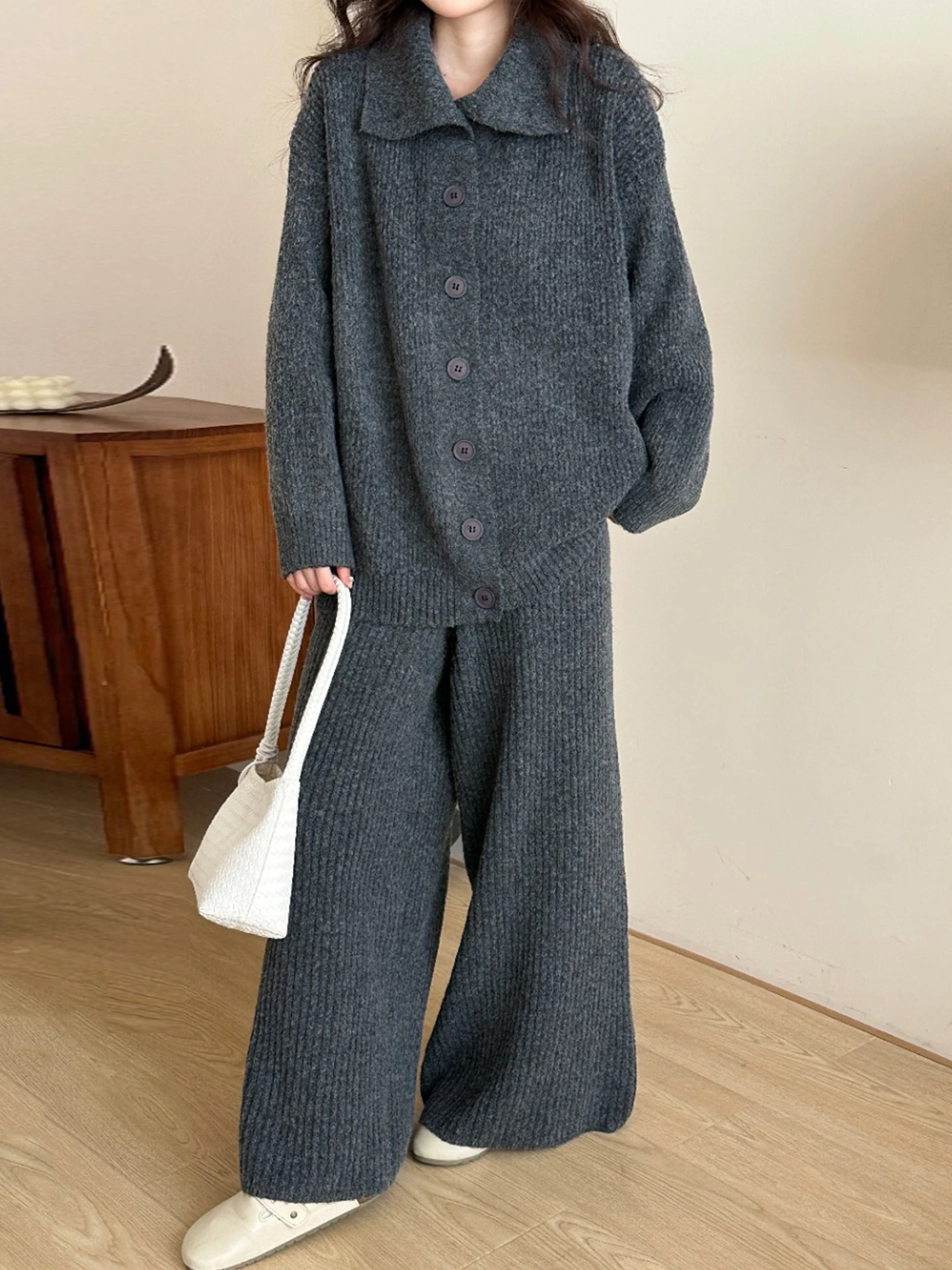 

Модный вязаный открытый кардиган и повседневные брюки с высокой талией, женский комплект, мягкая и уютная осенняя одежда, длинный свек с высоким воротником