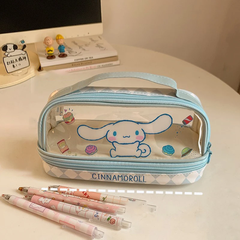 Sanrio Series Transparent Pencil Case Cartoon Hello Kitty Kuromi Storage Bag Large Capacity Double-layer Portable Pen Bags