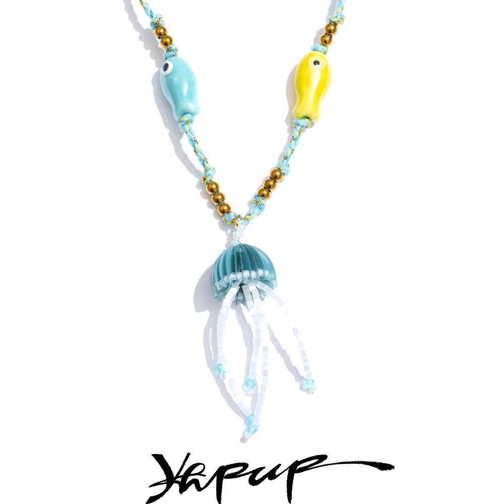 Yhpup Creative Fashion Ceramic Fish Rope Beads Chain Crystal Jellyfish Pendant Necklace Stainless Steel Handmade Unique Jewelry