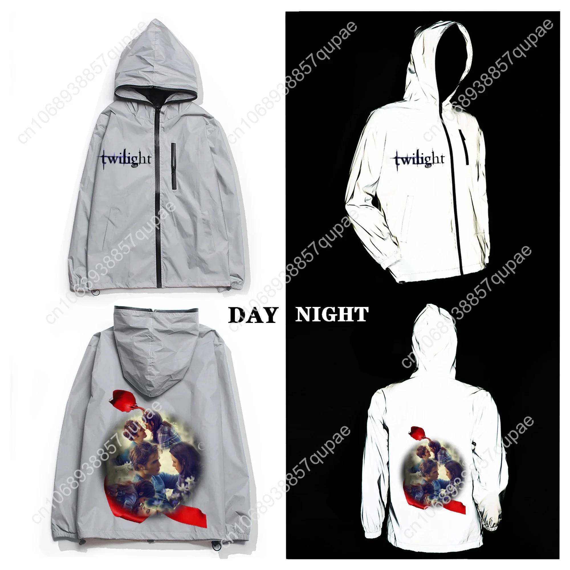 Twilight Classic Movie Edward Bella Reflective Jacket Mens Womens Coat Hooded Windbreaker Cycling Runing Pocket Jackets Hoodie