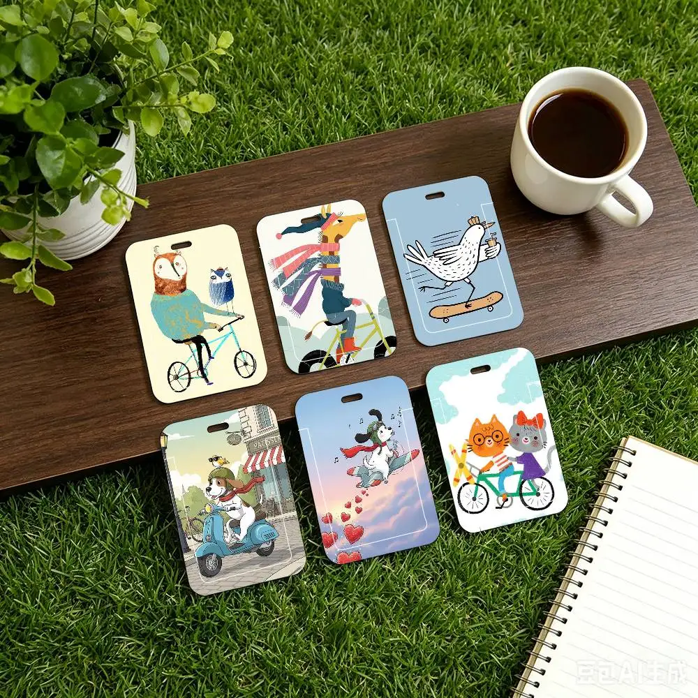 Animal Skateboard Tiger On Bicycle Black Lanyard Card Holders Student Meal Cards And Campus Ids School