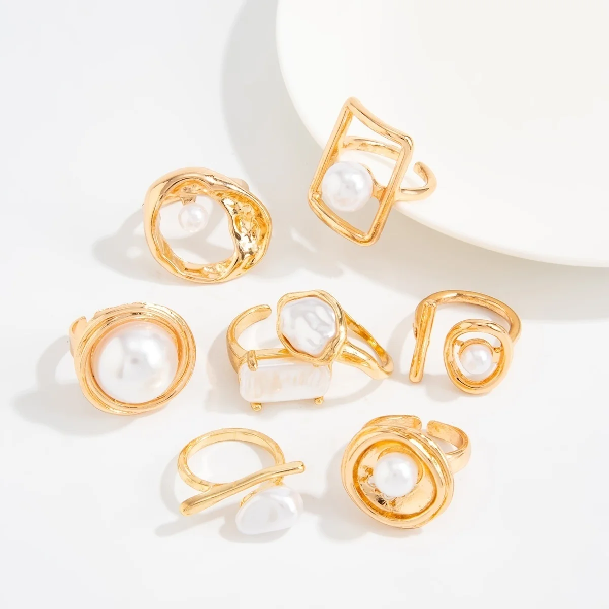 Vintage-Set mit unregelmäßigen, barocken, imitierten Perlen-Fingerringen für Damen und Herren, trendiger weißer, geometrischer Ring mit Emaille, Punk-Schmuck – Detail 16