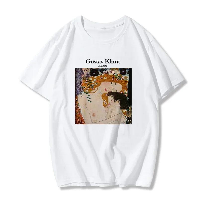 Gustav Klimt-T-shirt carta impressão das mulheres, chique, padrão Harajuku, arte, pintura a óleo, top vintage, moda casual, verão, novo