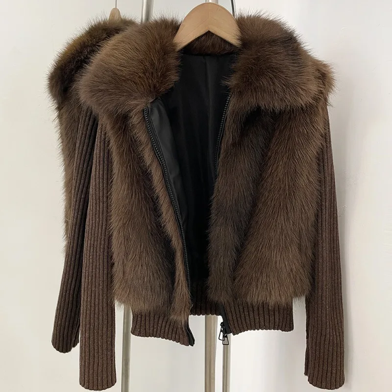 2026 Fashion Autumn Winter Knitted Spliced Faux Fur Coat Women's Fox Fur Short Jacket Zip-up Slim Outerwear Streetwear Fur Coats