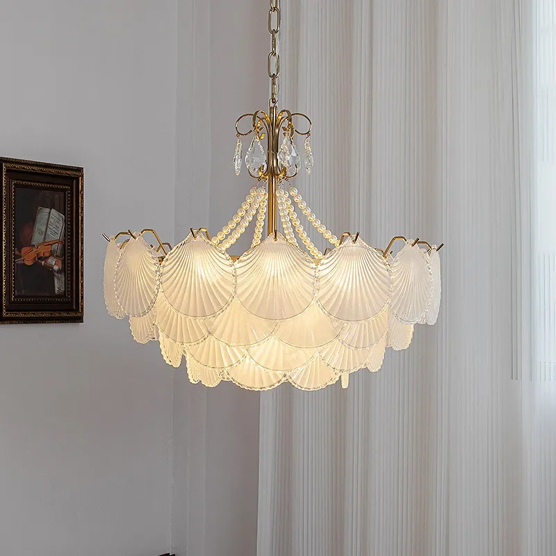for French Retro Cream Style Living Room Chandelier Nordic Light Luxury Personalized Model Room Homestay Hall Bedroom Shell